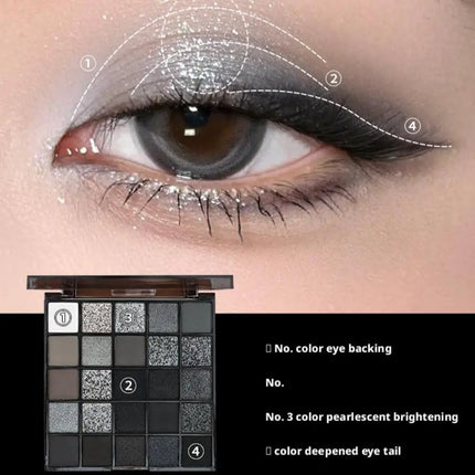 25 Colors Black Grey Smokey Eyeshadow Palette, Matte Black White Gray Silver Smoky Eye Shadow, Black Eyeshadow Makeup Goth Look
