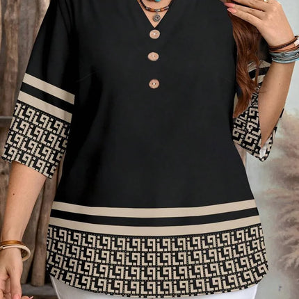 Plus size women's spring/summer/autumn new retro pattern front button leisure short sleeve shirt essential summer outfit