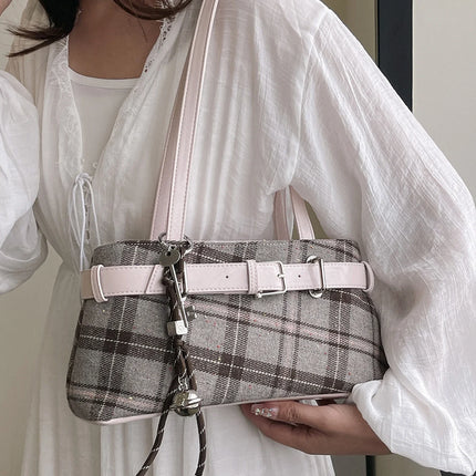 Girls Canvas Plaid Armpit Bag Fashion Checkerboard Grid Tote Handbag Vintage Shoulder Bag Retro Large Capacity Top-Handle Bags