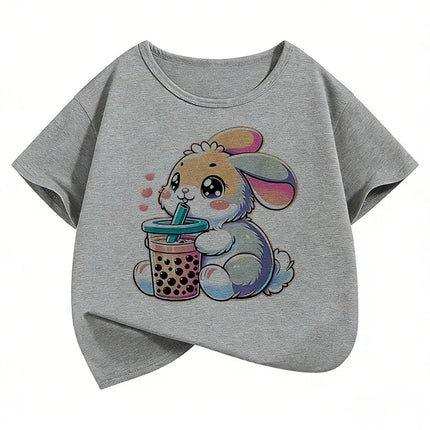 Cute Rabbit Graphic Kids T-shirts Summer Short Sleeve Tees Cartoon Animal Boys Girls Clothes Kawaii Tops Y2K Children T-shirt