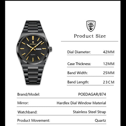 POEDAGAR Luxury Fashion Men's Wristwatch Waterproof Luminous Date Week Man Clock Stainless Steel Quartz Business Watches For Men