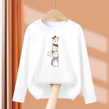 Childrens Spring Autumn T-shirt Human Pyramid Cat Cartoon Shirt Boys Girls Long Sleeved Top Cotton Clothing