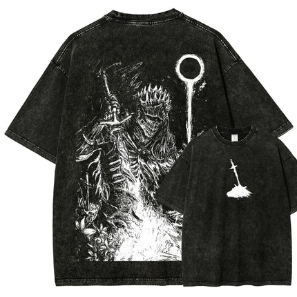 Classic Action Role-playing Game Dark Souls Peripherals Print T-shirt Street Harajuku Men Women Retro Washed Cotton Oversize Top