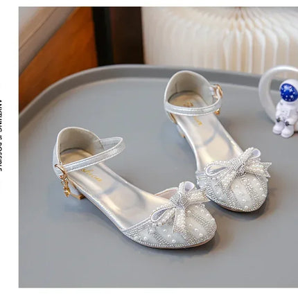 Girls' Bow Sandals Fashion Princess Shoes for Party Wedding 2025 Summer New Kids Rhinestone High Heels Children's Leather Shoes