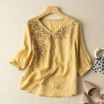 Fashion Thin Cotton Linen Y2k Tops Tee Women Clothing Summer Loose T Shirts Woman Embroidered T-shirt Blusa Casual Ladies tshirt