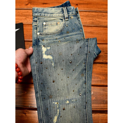 Fashionable light luxury jeans with men's patch design trendy retro elastic ripped pants