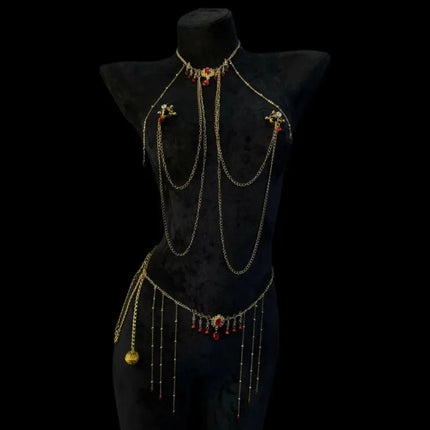 Red Gem Nipple Clamps Body Chain Integrated Breast Clips Bell Pendants Sensual Body Restraint Sexy Accessories Adult Sex Toys