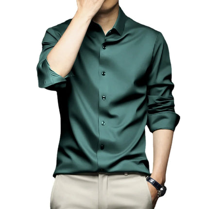 6XL Men Shirt Long Sleeve Slim Fit Luxury Smooth Soft Anti-wrinkle Non-ironing Solid Color Ice Silk Shirts Men Long Sleeve