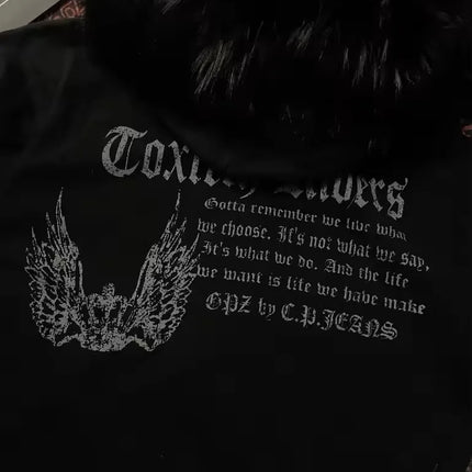 Hip Hop Harajuku Black Gothic Fur Collar Zip Up Hoodie Women Punk Y2K Street Retro Wings and Crown Print Fur Collar Loose Hoodie