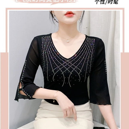 2025 Spring Summer Mesh Tops Korean Fashion Diamond T Shirt Slim 3/4 Sleeve Hollow Out Casual Women Shirt