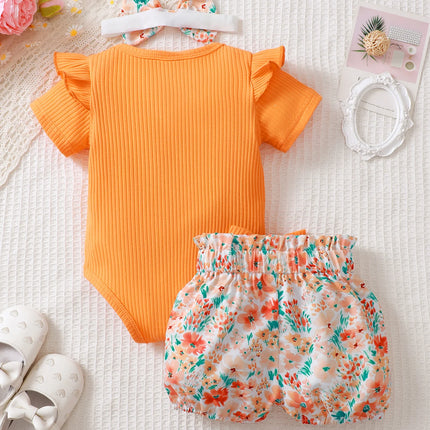 0-2 Year Old Newborn Girl Baby Summer Cotton Short Sleeved Headband Top With Letter Print Shorts Bow Three Piece Set