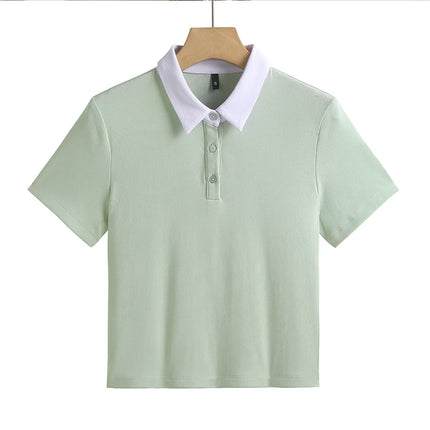 Summer New Cotton Polo Shirt Solid Color Polo Neck Short Sleeve High Waist Short Style Slim Fit Fashion Casual Women's Shirt