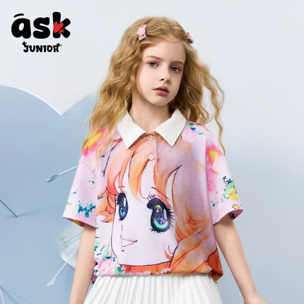 Children's Short-sleeved Summer Girls' Contrasting Colors and Girls' Pattern Printed Short-sleeved Polo Shirt