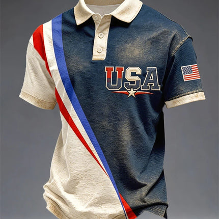 Anniversary-themed Short-Sleeve Shirt Men's Polo Shirt with National Flag Print Summer Outdoor Short-Sleeve Button-Down Shirt