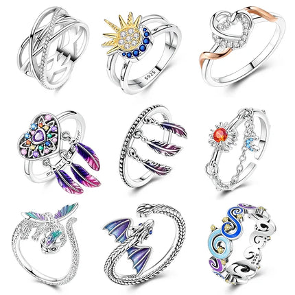 Women Silver Finger Rings for Women Original 925 Sterling Silver Dream Catcher Dragon Ring Sun Zircon Heart Wedding Jewelry