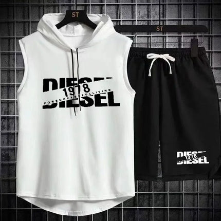 Summer breathable letter printed sleeveless hooded sports suit men's quick drying vest shorts two-piece set