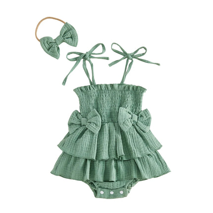 0-18M Newborn Baby Girl Summer Romper Dress Tie-up Sleeveless RBodysuit with Bowknot Hairband 2pcs Sets Casual Clothes