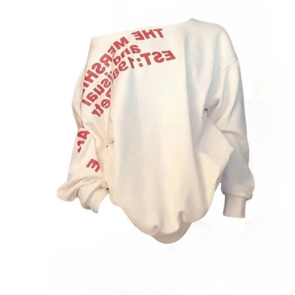 Sexy Oversize T-shirt Women Streetwear Letter Print Skew Collar Off Shoulder Long Sleeve Basic Top Korean Fashion Loose T-shirt