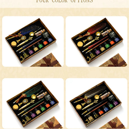 Luxury Fountain Pen Set, Retro Sprinkling Feather Pens Calligraphy Writing Dip Kit with Wax Seal Stamp & Replace Nibs, Gift Box