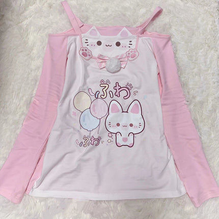 Cute  Print Halter Neck Long Sleeve T-Shirt Fake Two-Piece Shoulder Bared Style Sweet Japanese Aesthetic Slim Fit for Girls