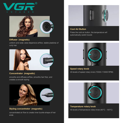 VGR Leafless Hair Dryer Professional Hair Blower Dryer Brushless Motor Dryer 110000RPM Negative Ion Powerful Hair Dryer V-401