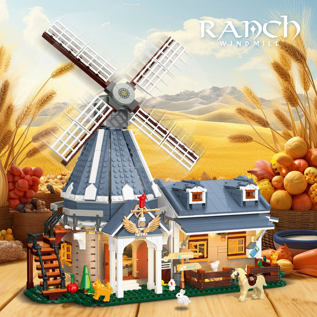 Creative Windmill Ranch Building Blocks Farm House Model with Rotating Blades Animal Figures DIY Toy Gift for Kids Adults