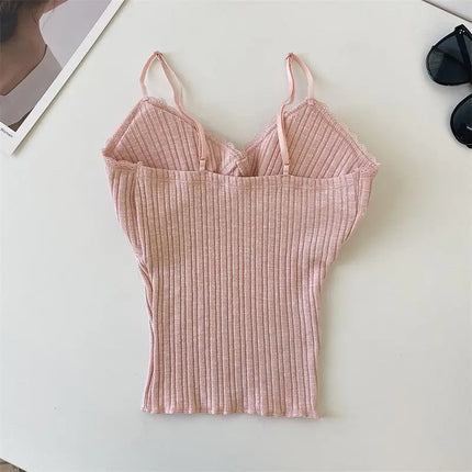 Pure Desire Lace Trim Camisole Tank Top with Chest Pad Summer Slimming Inner Wear Outerwear Beautiful Ba Boting Underwear