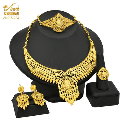 ANIID African Jewelry Set Big Necklace Dubai Ethiopian Gold Color Jewelery Earring Bracelet For Women Bridal Choker Wholesale