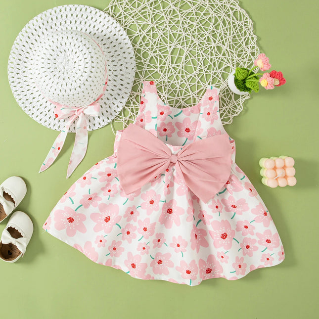 (0-2 Year Old Baby Girl Floral Dress) Summer New Sweet Bow Children'S Sleeveless Clothes With Free Hat For Beach Party