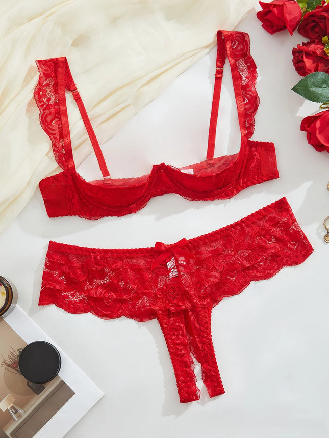 Valentine's Day French sweet two-piece set, red sexy women's half-exposed breast design open crotch panties, floral lace embroid