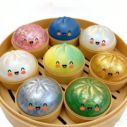 Colorful Realistic Dumpling Squeeze Toys with Bamboo Steamer Soft TPR Dough Ball Decompression Fidget Toys Funny Creative Gifts
