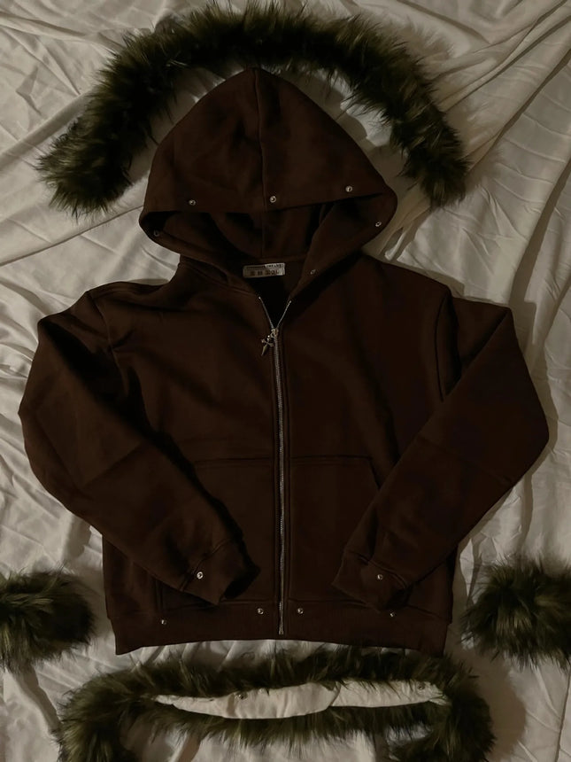 2026 New Arrival Women Faux Fur Trim Zip Up Hoodie Heather Grey Oversized Loose Fit Y2K Streetwear Casual Daily Wear