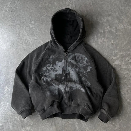 British Gothic Punk Printed Star Patch Embroidery Mens Womens Hooded Cardigan Harajuku Retro American Oversized Bat Sleeve Tops