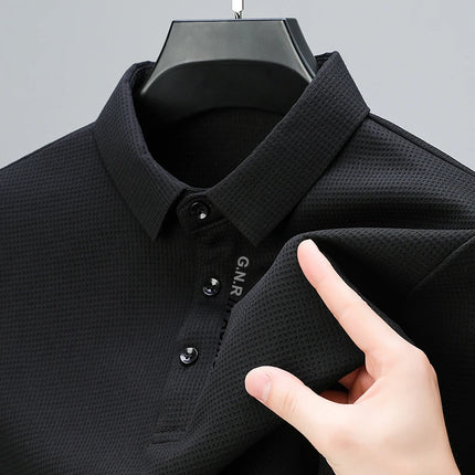 Men's Waffle Long-Sleeved Polo Shirt with Letter-Printed Lapel Casual Top