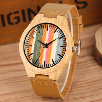Fresh Stripes 12-Hours Display Wood Watch Mens Quartz Watches Brown Genuine Leather Watch Strap Hot Fashion Wooden Clock 2019