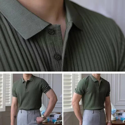 Vertical Stripe Knit Polo Men's Shirts Summer New Slim Solid Color Breathable Turn-Down Collar Business Short Sleeve Polo Tops