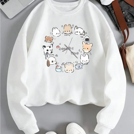 Dessert Time Creative Animals Clock Design Printed Sweatshirts Woman Top O-Neck Fleece Streetwear Soft Autumn Women's Clothing