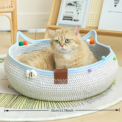 Durable 2-in-1 Cat Scratcher & Bed + Colorful Balls. Space-saving, natural style for cats & small dogs.