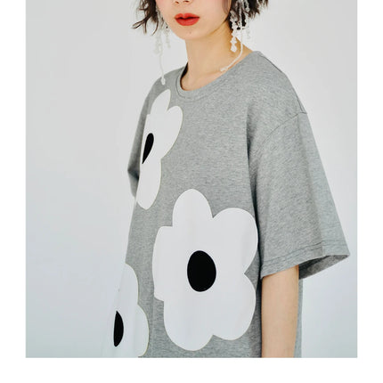 imakokoni original applique pure cotton gray T-shirt pullover short-sleeved shirt casual loose large size summer female 223602