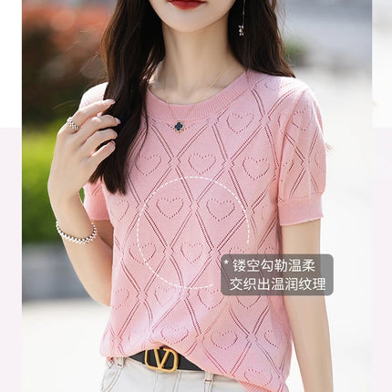 New Summer Fashion 100% Pure Cotton Women's Sweater Short sleeved Casual O-neck Pullover T-shirt Loose Knitted Hollow Top