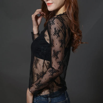 Korea Style Mesh T Shirt Lace Flower under Shirt Long sleeve transparent Tshirt Sexy Black Lace See through Mesh Tee Tops Women