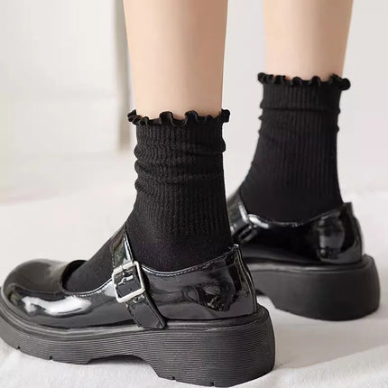 Cotton Socks for Women Girls Ruffle Top Solid Color Spring Autumn Breathable Soft Mid-calf Sock 1 Pair or 2 Pairs