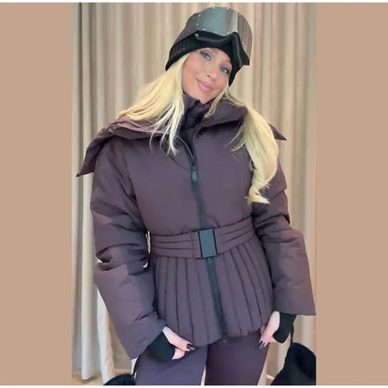 Women Peplum Ski Jackets Hooded Stand Collar Belt Waist Zipper Solid Puffer Jacket Fashion Sheath Warm Sport Winter 2025 Skiwear