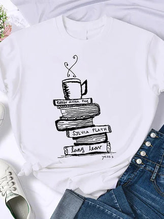 Coffee Books Brown books American retro T-shirt woman round neck half sleeve T-shirt printed T-shirt top woman oversized