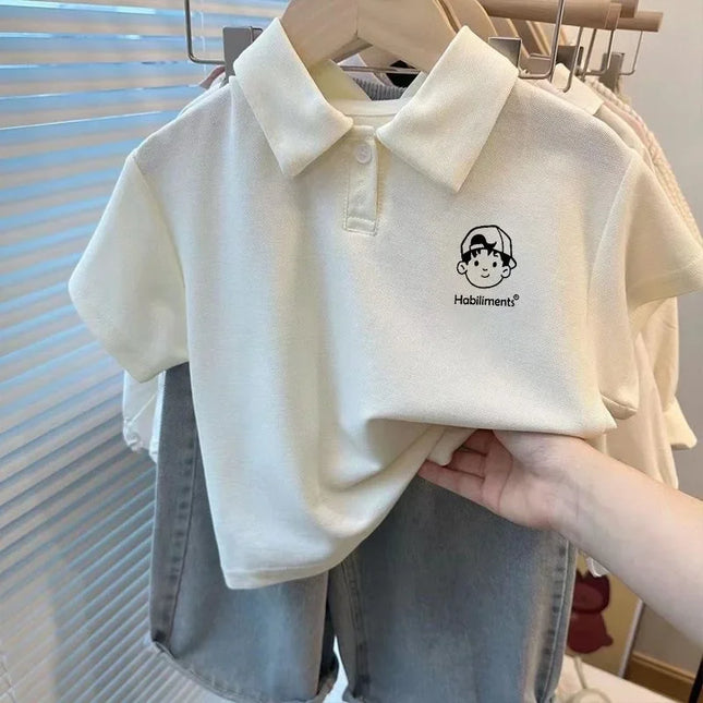 Unisex Children's Summer Polo Shirt Short Sleeve Loose Fit Collared T-Shirt Cartoon Print Versatile Kids' Fashion Basic Tee