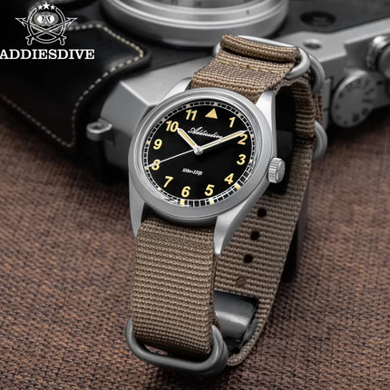 ADDIESDIVE Retro Men's Watch K1 Mineral Glass Stainless Steel 100m Waterproof Night Light Watch 36mm Movement Nylon Quartz Watch