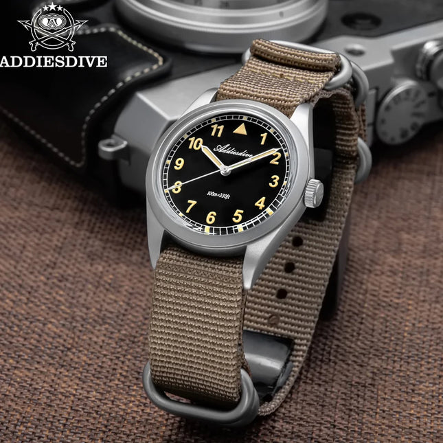 ADDIESDIVE Retro Men's Watch K1 Mineral Glass Stainless Steel 100m Waterproof Night Light Watch 36mm Movement Nylon Quartz Watch