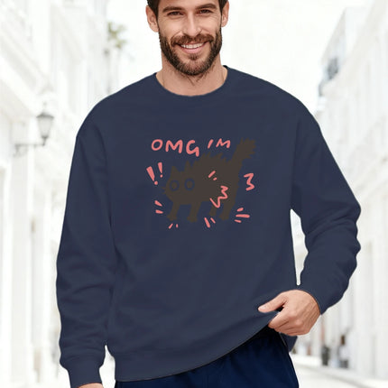 Men's Sweatshirt 2025 Trending Oversized Soft Comfortable Crewneck OMG I’M Text & Cartoon Black Cat Graphic Streetwear Top