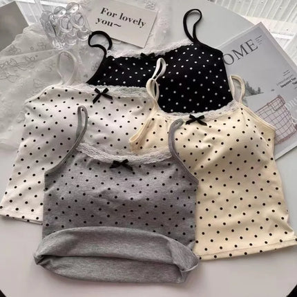 Women Summer Sweet Polka Dot Lace Edge Tank Tops Bow New Inner Layer Bottom Shirt With Bra Pad Slim Backless Sexy Basic Crop Top