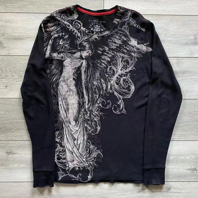 Affliction Long sleeved T shirt Y2K Vintage Round Neck Oversized T shirt New  Mens Womens Casual Gothic Clothing Tops Streetwear